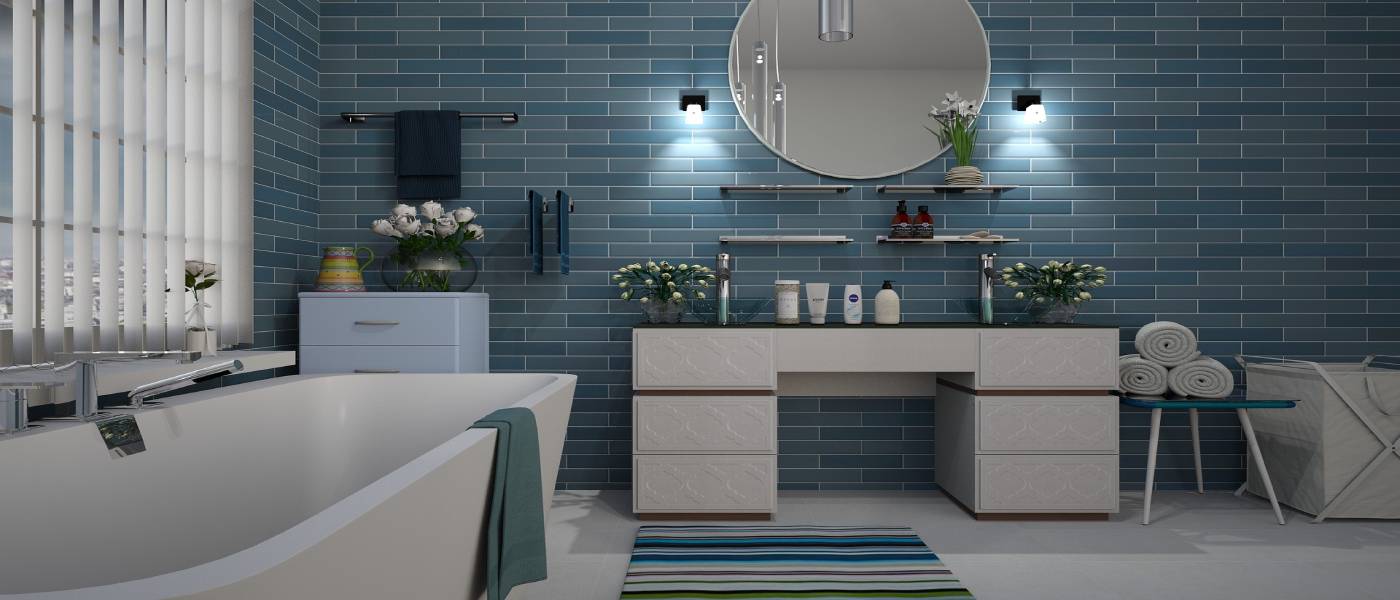 Blue subway tile bathroom — Surface Tiling Ltd